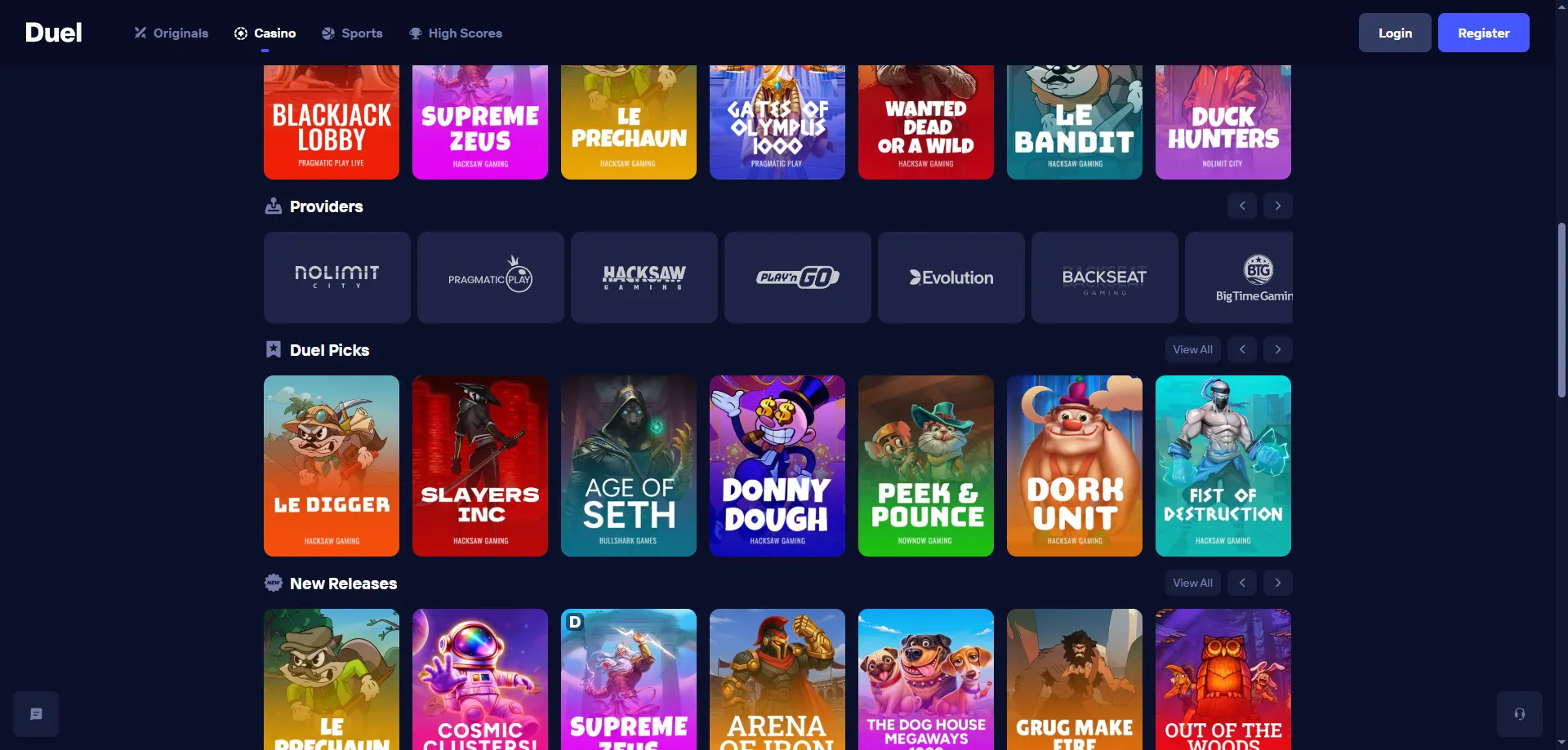 Proveedores de casino en vivo y slots en Duel Casino